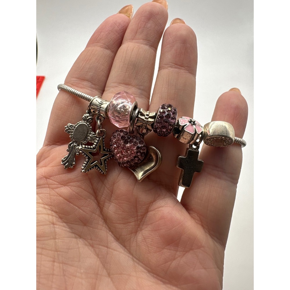 SHB Vintage Silver Tone Pink Charm Bracelet Cross Star Heart Snake Chain J536